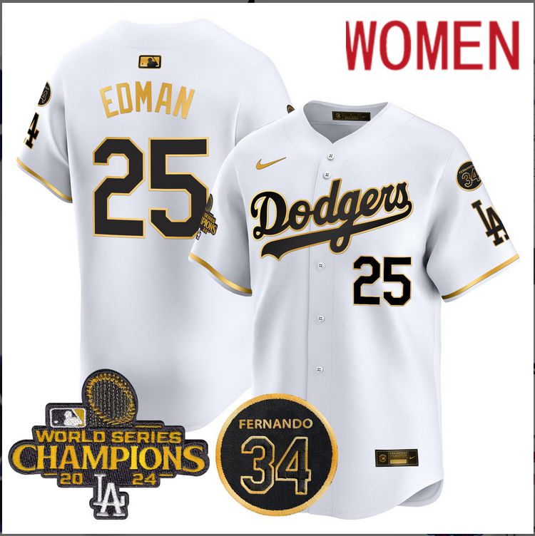Women MLB Los Angeles Dodgers 25 Edman white 2024 World Series Champions Patch Limited Jersey style 4